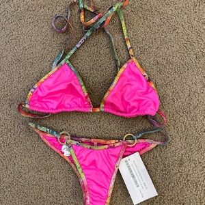 Posing Vibrant Pink Bikini with Multicolor Straps